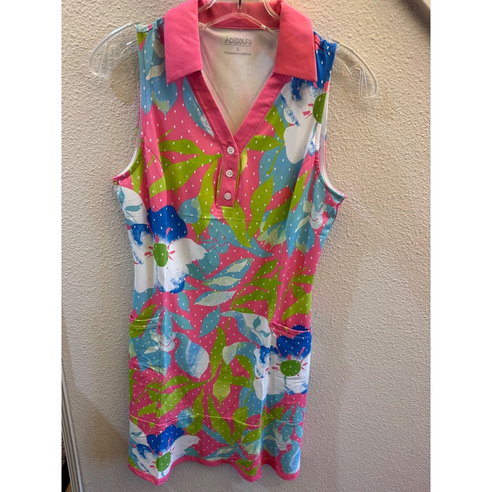 Acegolfs Womens Pink Floral Polka Dot‎ Sleeveless Golf Dress Small Pockets NWT